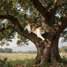 beautiful illustration of a calico cat running up a giant oak tree, detailed, featured on artstation