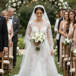 Bride walks down the isle, sheer wedding dress, photo