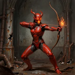 character portrait of a humanoid demonic monster archer with fire eyes and a glowing mouth doing a henshin pose, matte painting, dramatic lighting, 8 k, rubber suit, digital painting, concept art, muted colors, red colors, moody colors, rusted walls, broken pipes, church cathedral, in the style of frank frazetta and john singer sargent