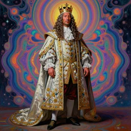 beautiful oil painting, full length portrait of Dwayne the rock Johnson as Louis xiv in coronation robes 1701, Dan Mumford, Dan Mumford, Alex grey, Alex grey, lsd visuals, dmt fractal patterns, entheogen, psychedelic, hallucinogen, highly detailed, ornate, vaporwave