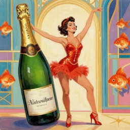 a 1 9 3 0 s cancan dancer with a big bottle of champagne in art deco style, nicoletta ceccoli, mark ryden, lostfish, max fleischer, hyper realistic, artstation, illustration, digital paint, matte paint, vivid colors, bright, cheerful, detailed and intricate environment