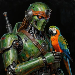 close - up shot, futuristic sci - fi robot pirate holding a parrot. reflective textures. deep green and orange tones. black background. highly detailed science - fiction painting by norman rockwell, moebius, frank frazetta, syd mead, donato giancola. rich colors, high contrast. artstation