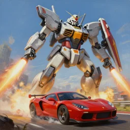 Highly detailed oil painting, of a giant mech launching missiles, firing lasers and machine guns at a moving red sports car, concept art, highly detailed.