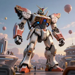 a beautiful hyperrealistic ultradetailed 3 d render of a gigantic mecha guarding a sci - fi spaceport, by nekro : 3, mech, unreal engine, octane render, gigantic, unreal engine, octane render, 3 d, brilliantly coloured, intricate, ultra wide angle, trending on artstation, dusk, volumetric lighting, hdr, polished, micro details, ray tracing, 8 k : 2, people, sphere, balloon, blurry, blur, depth of field, dof, bokeh, obscured, macro : - 1