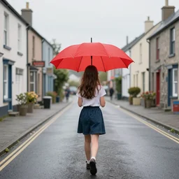 a young girl walks through the streets of an irish village, [ holding a large red umbrella ]!!, back view!!, minimalistic, realistic art style