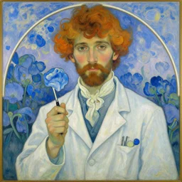 portrait of a mad scientist, blue - petals, summer sky, painting by alphonese mucha