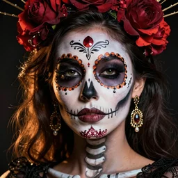 halloween beauty portrait of a skeleton woman of death, the makeup on the face. day of the dead. charming and dangerous calavera catrina, by ivafoto