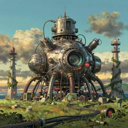 a strange giant huge mysterious retro technological bulky faded chrome device or building or power generator with many large wires connecting to it sits abandoned in a grassland near the coast, wires and tubes and conduits everywhere, blinking lights, towers, golden hour, wires on the ground in the foreground, sharp details, cinematic, dramatic clouds in the distance, vines, immense scale, in the style of studio ghibli and simon stalenhag