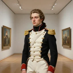 museum painting, wide - shot, photo of young yves saint - laurent in the age of 2 1, light brown hair!!! gathered in ponytail!!, dressed in 1 8 th century black and white war - uniform, sharp focus, highly detailed, digital art, oil painting, masterpiece, artgerm, rutkowski, mucha, kinkade
