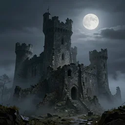 beautiful matte painting castle ruins, fog, night, moonlight, fantasy