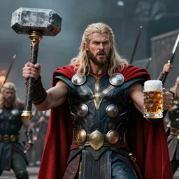the god of thunder with mjolnir in one hand and a mug of ale in the other, celebrating after a battle, uhd, high detail, moody lighting