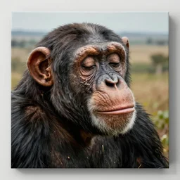 a full head photo, detailed photograph of a dreaming chimpanzee head in a distance landscape, 3 / 4 head view photorealism ultradetailed digital art, irina french, heraldo ortega, mandy jurgens, golden ratio, art canvas, award winning, masterpiece trending on artstation 8 k 1 5 0 mpx, hasselblade wide shot