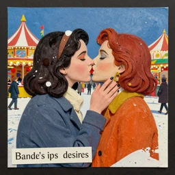 two women kissing at a carnival in winter, mixed media collage, retro, paper collage, magazine collage, acrylic paint splatters, bauhaus, claymation, layered paper art, sapphic visual poetry expressing the utmost of desires by jackson pollock