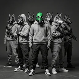 a photogroup of wolf gangs street gang, with weapon, stylish gray hoodie, stylish shoes, some member use gas mask and other use wolf mask, with leader in center of them with green mask, unreal engine, portrait, tintype, side - view, f / 2. 8, black and white, high contrast, 1 6 k, lonely, perfectionism, halfrear lighting