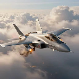 a fighter jet, rim lights, particles and dust in the air, fancy clouds, highly detailed professional photo, dynamic lights, particles are flying, depth of field, trending on artstation, illustration, hyper realistic, vray caustics, super detailed, colorful accents, cinematic shot