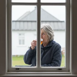 old norwegian woman, grey hair, drinking tea, staring outside the window, canon eos r 3, f / 1. 4, iso 2 0 0, 1 / 1 6 0 s, 8 k, raw, unedited, symmetrical balance, in - frame