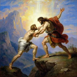 an amazing realistic painting of cain pushing abel from the edge of a cliff with a divine light in the sky, majestic mountains in the background, very detailed, painting by gustave courbet, beautiful art, smooth, elegant, intricate, vibrant, colorful