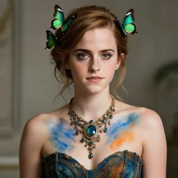 Emma watson, artistic fashion beauty shot, detailed, artstation, epic composition, Mandela tattoo on chest with blue and orange pigment, beautiful ornate necklace, green butterflies on hair, Photorealistic. 4k, Highly detailed, VRay Rendering, Unreal Engine