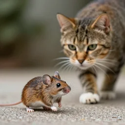 a tiny mouse with a mane, stalking a cat, hyper realistic, national geographic