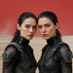 cinestill 5 0 d photographic portrait of two loving female androids wearing rugged black mesh techwear on a desolate plain with a red sky, extreme closeup, modern cyberpunk, cropped top, dust storm, 8 k, hd, high resolution, 3 5 mm, f / 3 2, ultra realistic faces, ex machina, blade runner