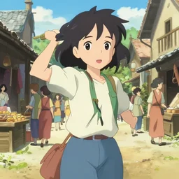 anime visual, portrait of a young female traveler in a busy medieval village exterior shopping, cute face by ilya kuvshinov, yoh yoshinari, makoto shinkai, dynamic pose, dynamic perspective, cel shaded!!!, anime cel, flat mucha, rounded eyes, crisp smooth clean lines, strong silhouette