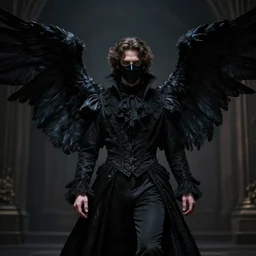 a dark angel with black wings spread wide and victorian style clothing, with a dark face mask, cinematic lighting, low key contrast, detailed, hyperrealistic, character concept art by tolkien and greg rutkowski