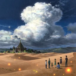 highly detailed illustration of a desert with fireflies and temples while rains at night and lots of high exposure cummulonimbus clouds by makoto shinkai, by moebius, by oliver vernon, by joseph moncada, by damon soule, by manabu ikeda, by kyle hotz, by dan mumford, by otomo, 4 k resolution