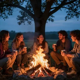 a nice evening around the camp fire, friends are drinking and laughing, there is something behind the tree