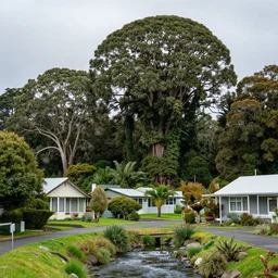 a suburban street in wellington, new zealand. quaint cottages interspersed with an ancient remnant lowland podocarp broadleaf forest full of enormous trees with astelia epiphytes and vines. rimu, kahikatea, cabbage trees, manuka, tawa trees, rata. stormy windy day. landscape photography 4 k. stream in foreground