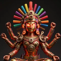 awardwinning photo of a steampunk avalokiteshvara with 1 0 arms, wearing a glowing red and golden metallic aztec helmet with multicolored tubes and shiny metallic gears, 3 d render, crisp, 8 k, fluorescent colors, nikon photography