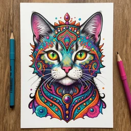 psychedelic cat drawing, colorful, psychedelic, highly detailed