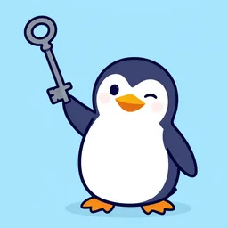 2 d vector art of a penguin with light purple skin color and a happy expression, holding a dark silver antique key up in the air like a sword.