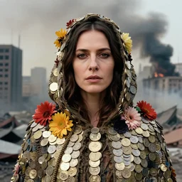 closeup portrait of a woman wearing a cloak made of coins and flowers, standing in an apocalyptic smoking city, by Annie Leibovitz and Steve McCurry, natural light, detailed face, CANON Eos C300, ƒ1.8, 35mm, 8K, medium-format print