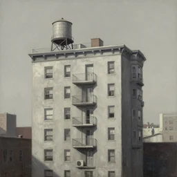 in american cities, in modern times, there is a weird rental house with four floors high and a water tank on the roof. the color of the picture is gray and the painting style is retro