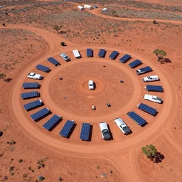 aerial drone photograph of a circularly planned campsite on the transition of the australian red desert with pickup trucks, large solar array, large circular teepee tent in the center, water silo, diversely coloured and shaped tents, shower facilities and prefab medical center
