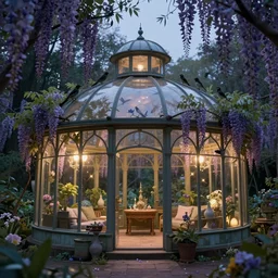 secret garden with glass cover, birds, wisteria ， fairy tale, evening lights, highly detailed, low angle view, artstation, mysterious, comfort, in the style of aetherpunk