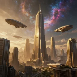 The futuristic sci-fi city has tall brutalist architecture buildings, some giant spaceships are flying over the city, the background has a detailed heavenly and iridescent light from nebulas, cyberpunk, matte painting, concept art, dramatic lighting, golden hour, 4k, 8k, trending on Artstation, realistic