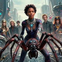 realistic detailed photorealistic closeup portrait movie shot of a beautiful black woman riding a giant spider, dystopian city landscape background by denis villeneuve, amano, yves tanguy, alphonse mucha, ernst haeckel, jean delville, david lynch, edward robert hughes, roger dean, cyber necklace, rich moody colours, cyber patterns, wide angle