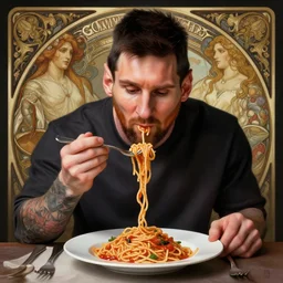 Messi eating spaghetti, D&D, fantasy, intricate, elegant, highly detailed, digital painting, artstation, concept art, matte, sharp focus, illustration, art by Artgerm and Greg Rutkowski and Alphonse Mucha