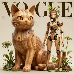 a giant wooden cat and a beautiful jointed wooden art doll, super dollfie, biopunk, solarpunk, plants, mecha, feminine curves, wood and fur, surreal, dan mumford, beeple, fashion magazine, vogue, harper's bazaar art, id magazine, intricate, 8 k render in octane, sharp focus, ektachrome