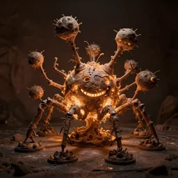 rhizomuse lifeforms, diorama, stunning photo, artist impression, cgsociety, abstract sculpture, warm ambient lighting, glow, deep shadows, hyperdetailed, 8 k, octane render, epic resolution, bug smile