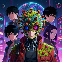 anime 4 k headshot portrait of a psychedelic cybernetic covid - 1 9 with toxic mold themed clothes, techno planet in cybernetic neo - tokyo in background by jeff easley, vibrant colors, award winning, stylized neon, post - processing, masterpiece, mix styles of tsutomu nihei, superb resolution, in the art style of junji ito and greg rutkowski, detailed cyberpunk city in background, 8 k, hyper realistic anime, perfect art
