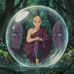 a wide shot film still portrait of a mauve old monk rocketing inside a cubic bubble inside a flooded temple jungle. bubble, closeup at the faces, chronenberg, perfect art, grimdark, trending on pixiv fanbox, painted by studio ghibli