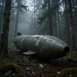 abandoned soviet nuclear bomb in the woods, around everlasting darkness, atmospheric, wide shot, high definition, high detail, foreboding, artstation, foggy