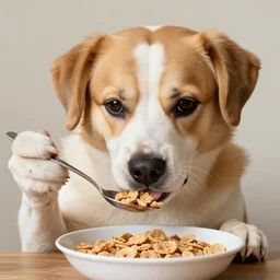 a portrait of a dog eating cereal using spoon, art by greg rutkowski, high detailed