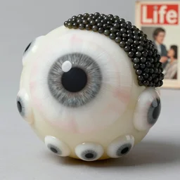 realistic object photo of ping pong balls sculpture, eyeballs sculpture, black caviar cloud, readymade, dadaism, fluxus, man ray 1 9 9 0, life magazine photo