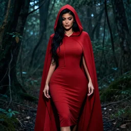 Kylie Jenner wearing a red hooded Cape with the hood up over her head, walking through a scary forest, photo