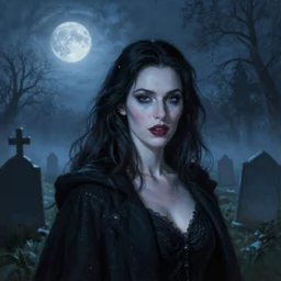 Riveting Charismatic brunette female vampire, portrait, atmospheric lighting, painted, intricate, Highgate cemetery, fog, cold, volumetric lighting, beautiful, blue moon light, sharp focus, ultra detailed, by Leesha Hannigan, Ross Tran, Thierry Doizon, Kai Carpenter, Ignacio Fernández Ríos