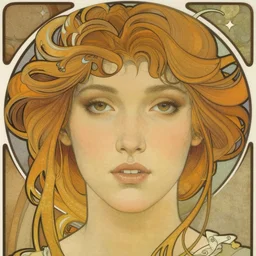 realistic detailed face portrait of Mia Kirschner in the style of Alphonse Mucha by Alphonse Mucha, Ayami Kojima, Yoshitaka Amano, Charlie Bowater, Greg Hildebrandt, Jean Delville, Adam Hughes, Karol Bak, and Mark Brooks, Art Nouveau, Pre-Raphaelite, Gothic Revival, exquisite fine details, 4k resolution