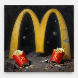 allegory of quantum physics inside a decayed mcdonalds, masterpiece painting by philipp veit, hyper realism, chiaroscuro